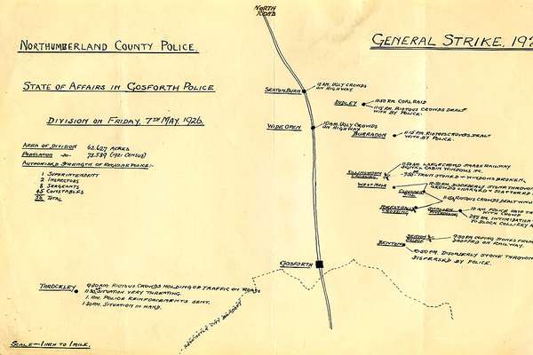 A neatly hand drawn map dated 1926 noting police incidents in Northumberland.