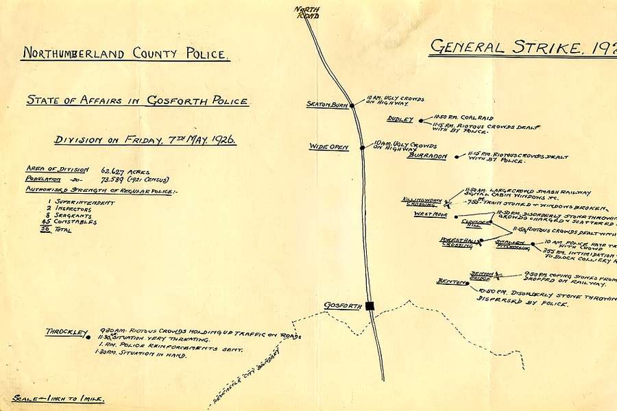 A neatly hand drawn map dated 1926 noting police incidents in Northumberland.