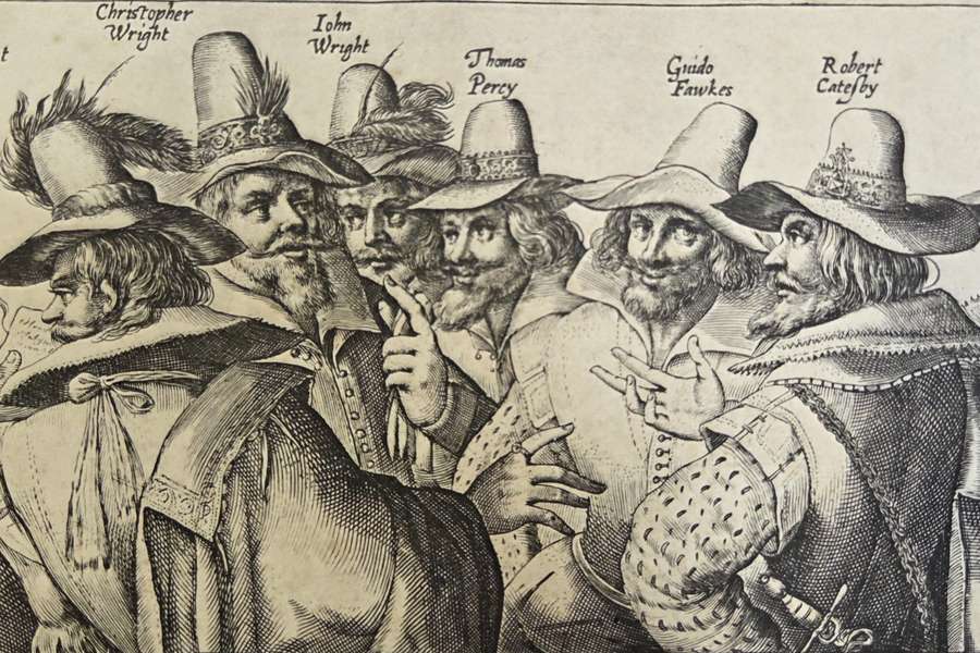 A black and white engraving of the gunpowder plotters, including Guy Fawkes.