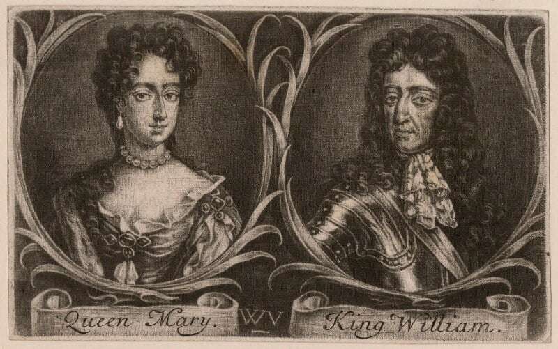 A portrait of a British king and queen, Mary II and William III. They are sitting side by side wearing royal ceremonial clothing. Their names are written underneath their portraits 'Queen Mary' and 'King William'.