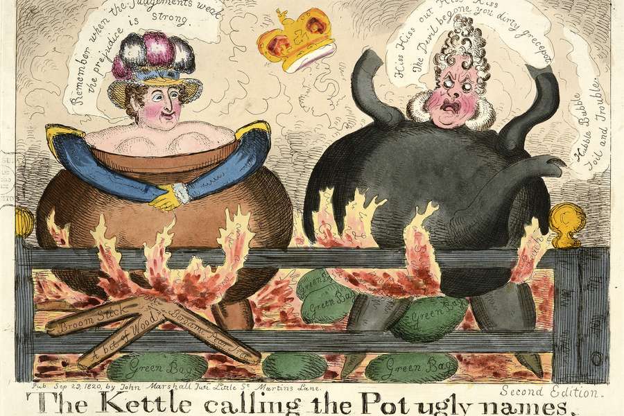 A large pot and large kettle being heated in a fire in a grate. Queen Caroline is drawn in the shape of the pot on the left, King George IV in the shape of a large black kettle is seen on the right. The king’s crown is floating in the smoky air.