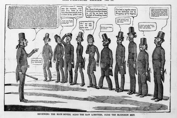 A group of 19th-century policemen are inspected. They are satirically drawn, with some looking menacing, others hapless. One has a drip on the end of his nose.