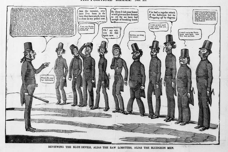 A group of 19th-century policemen are inspected. They are satirically drawn, with some looking menacing, others hapless. One has a drip on the end of his nose.