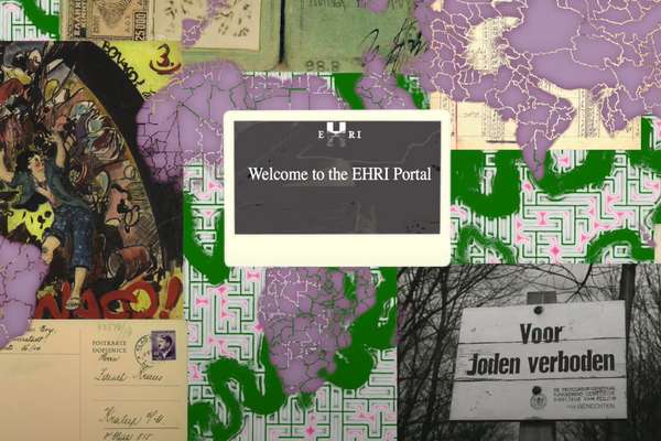 In the background, holocaust-related records can be seen. In the foreground, text reads welcome to the EHRI
