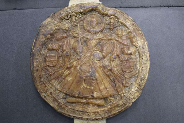 A circle shaped disk of wax which has browned in colour. A faded portrait of Queen Elizabeth I can be seen on the disk.