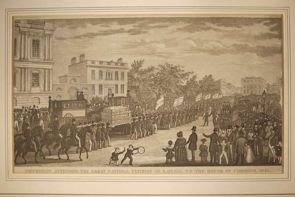 A sepia drawing of chartists marching into London