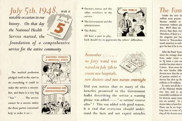 A pamphlet across three pages with text and cartoons illustrating uses of the NHS.