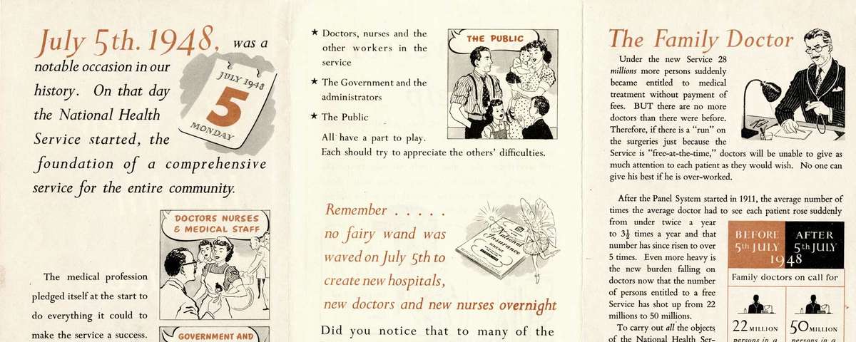 A pamphlet across three pages with text and cartoons illustrating uses of the NHS.
