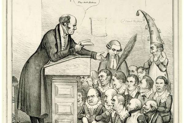 Line illustration showing a man in a classroom holding a blank book, standing behind a high stool. Sitting facing him are thirteen boys who do not look at their books. The boys are drawn in caricature with small bodies and large heads.