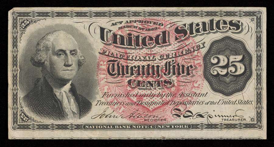 A 25-dollar bill. There is a portrait of George Washington on it.