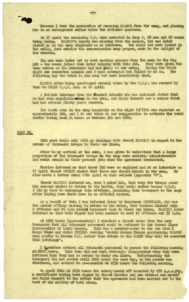 The fifth page of a typed report detailing the liberation of the Bergen-Belsen concentration camp.