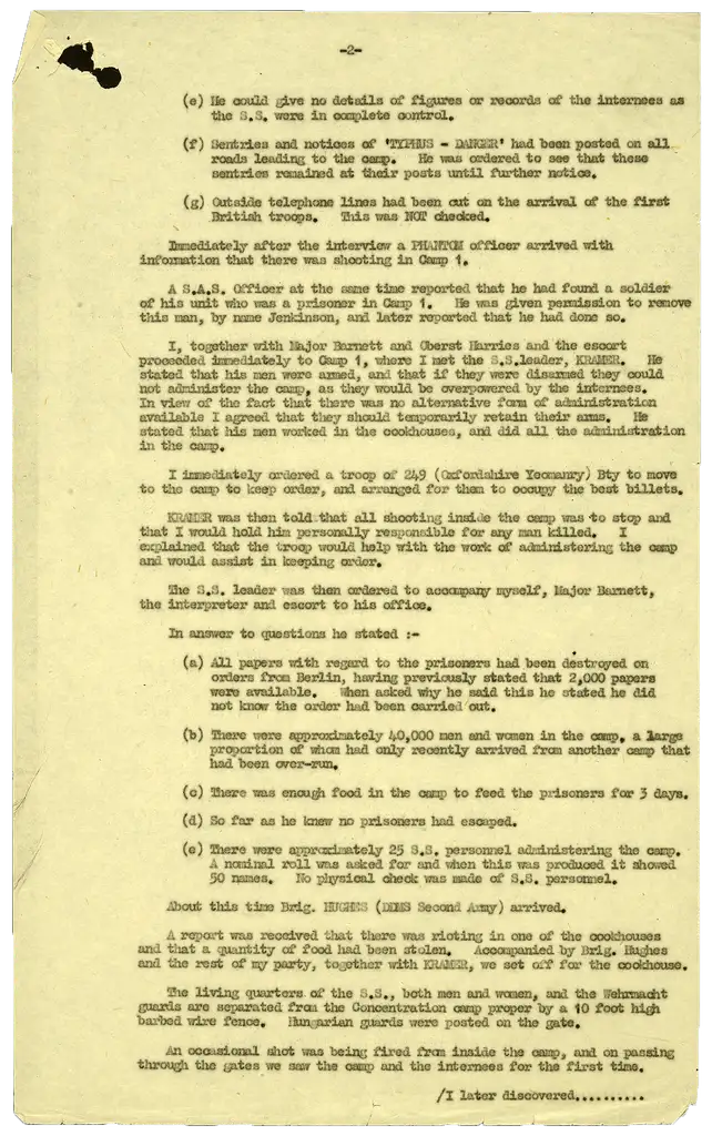 The second page of a typed report detailing the liberation of the Bergen-Belsen concentration camp.