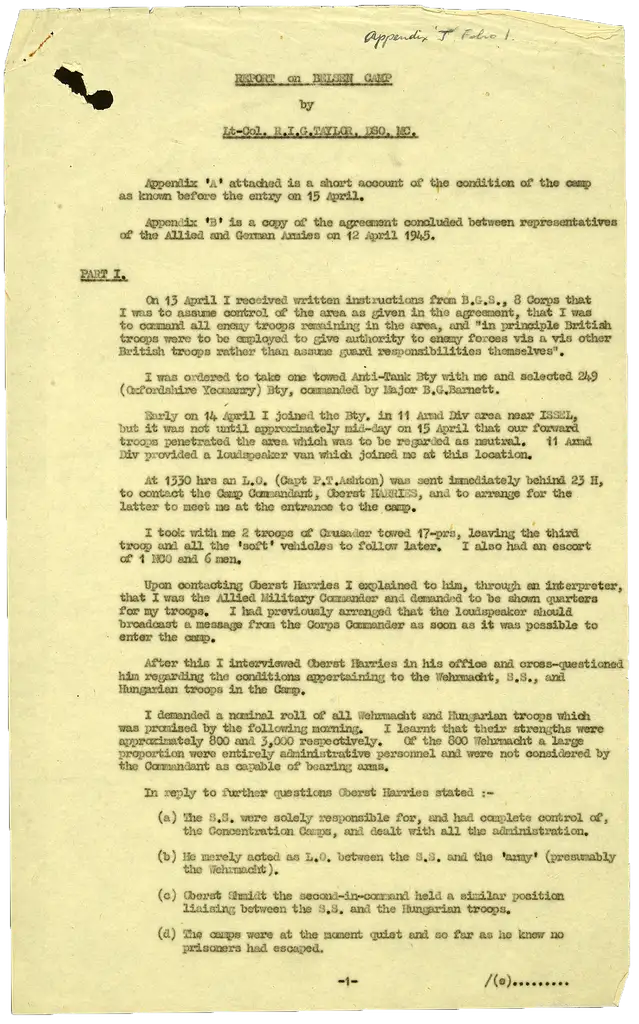 The first page of a typed report detailing the liberation of the Bergen-Belsen concentration camp.