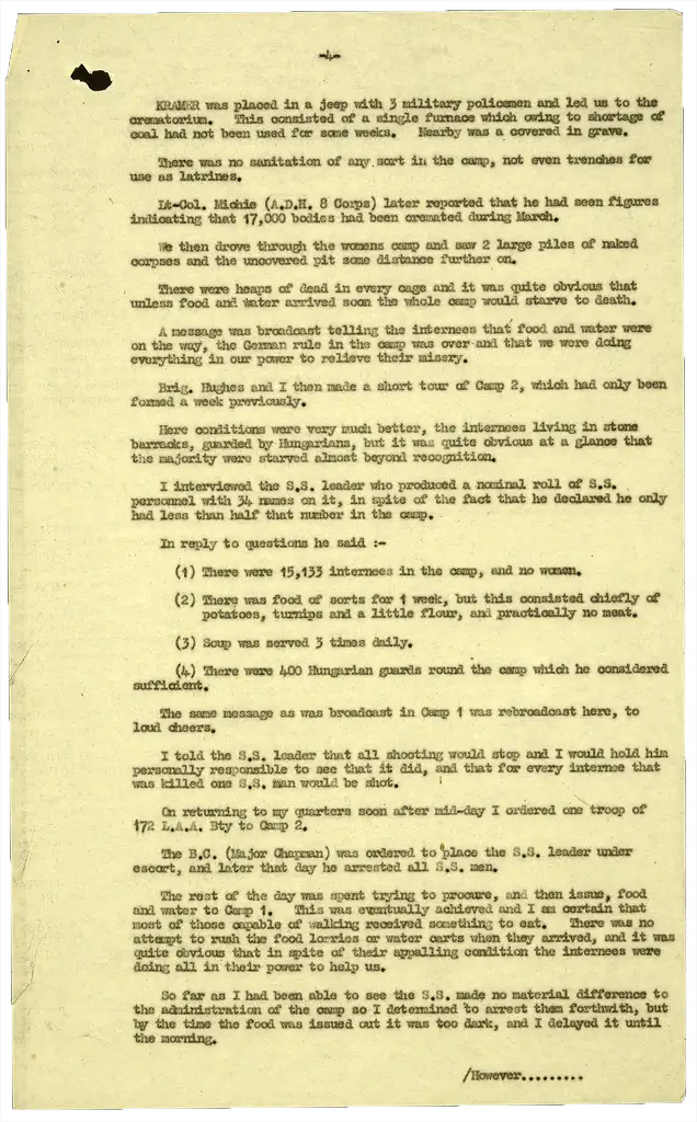 The fourth page of a typed report detailing the liberation of the Bergen-Belsen concentration camp.