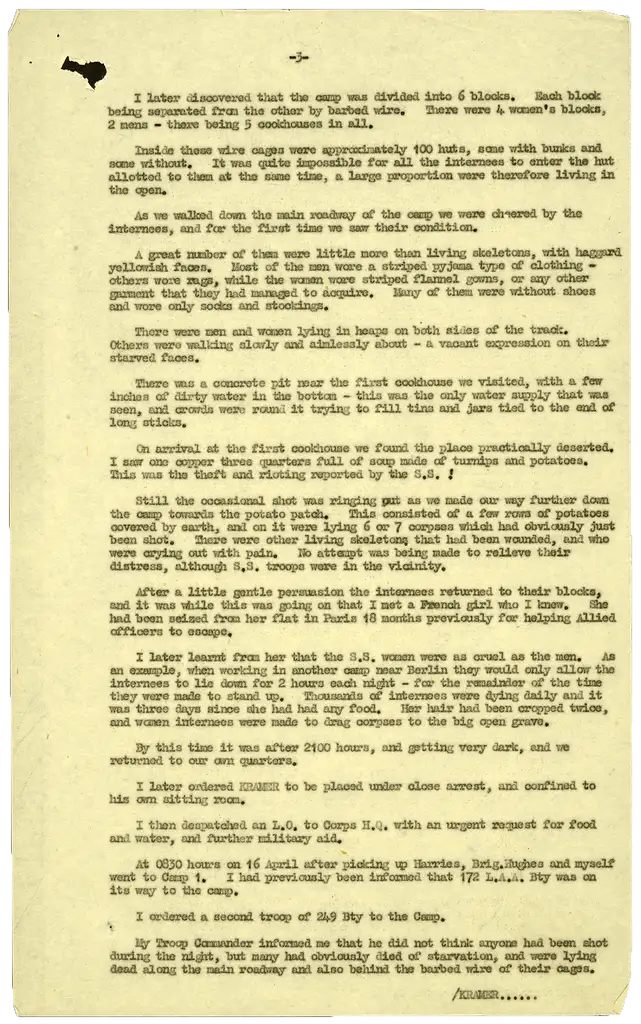 The third page of a typed report detailing the liberation of the Bergen-Belsen concentration camp.