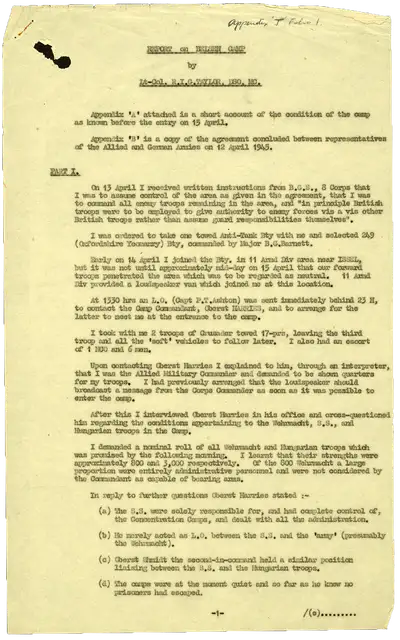 The first page of a typed report detailing the liberation of the Bergen-Belsen concentration camp.
