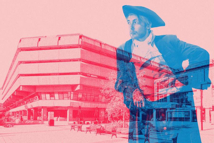 The National Archives with pink background and 18th century man