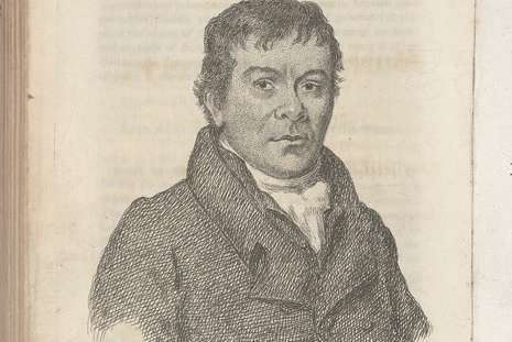 A page of an old book with an engraved head and shoulders portrait of a man