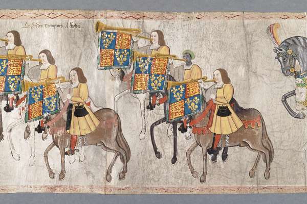 Image of Tudor trumpeters on horseback, taken from Westminster tournament rolls