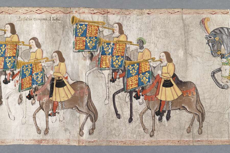 Image of Tudor trumpeters on horseback, taken from Westminster tournament rolls
