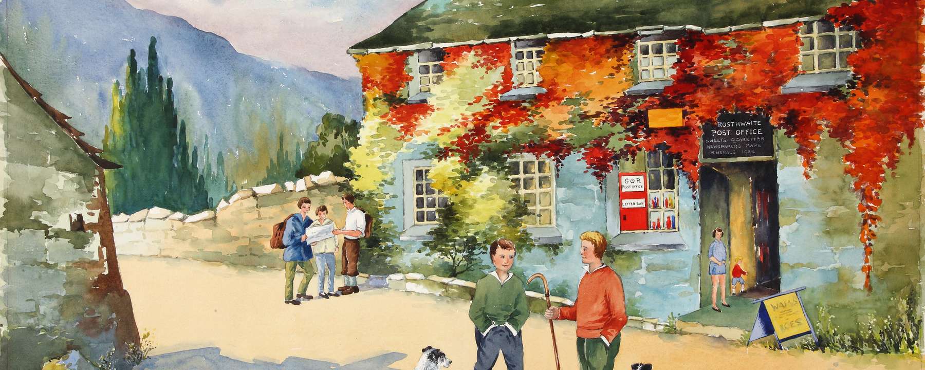 Colourful and inviting illustration of a village pub on a sunny autumn day. The pub is covered in a vine with leaves that have turned warm oranges and reds. In front of the pub, groups of people talk.