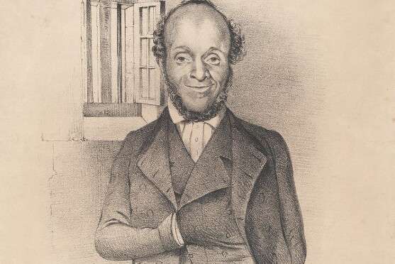 A black and white portrait of William Cuffey. He is standing with one hand in his waistcoat