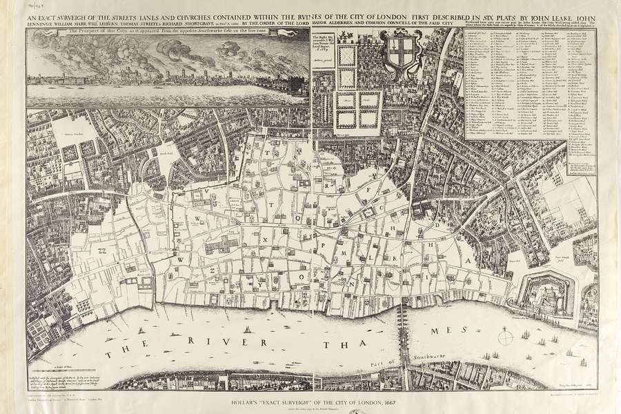 Detailed map of part of London with the City of London marked out. A river labelled ‘THE RIVER THAMES’ runs along the bottom of the map.