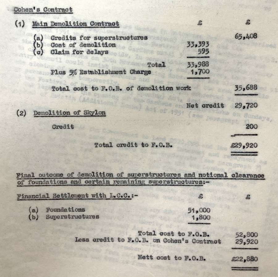 Typewritten list of costs, credits and totals for Cohen's work demolishing the Festival of Britain.
