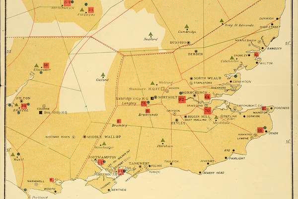 Map showing as far as Sheffield at the top and Bristol on the left side, with air bases marked.
