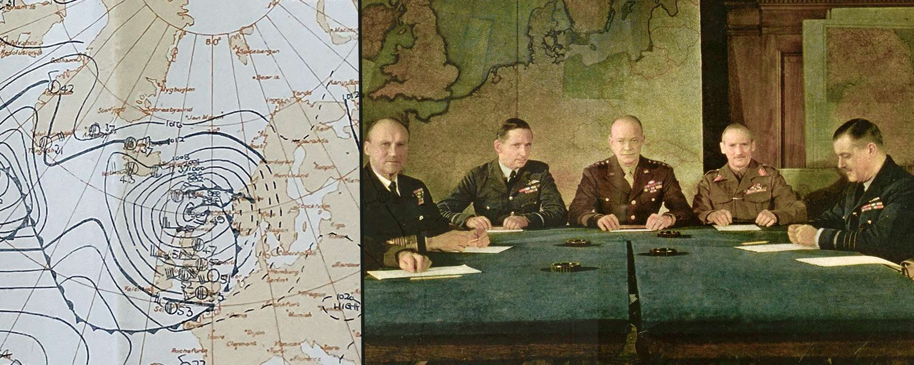 A group of seven military leaders are sat at a table. There is a map of Western Europe behind them and documents placed in front of them. Of the left is a another image, a map of the weather forecast in the Northern Hemisphere on the 6 July 1944.