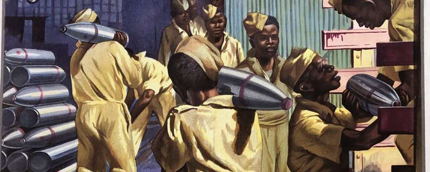 Poster showing African soldiers in uniform unloading ammunition from the back of a truck.