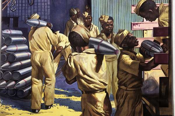Poster showing African soldiers in uniform unloading ammunition from the back of a truck.