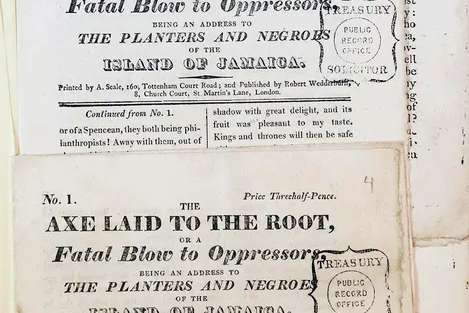 Two copies of the front page of The Axe Laid to the Root, volumes 1 and 2.