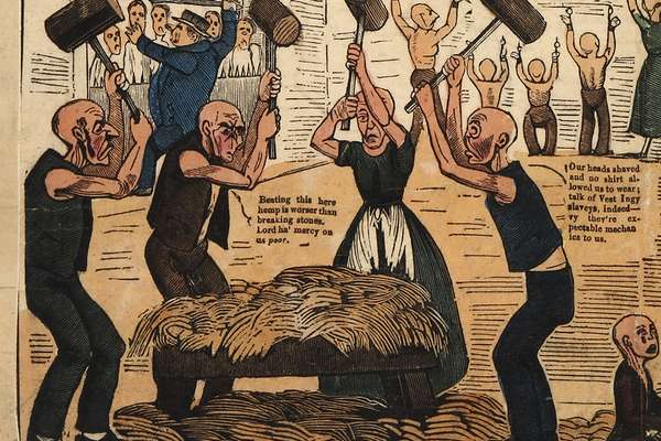 Satirical illustration of a group of paupers beating hemp with mallets.