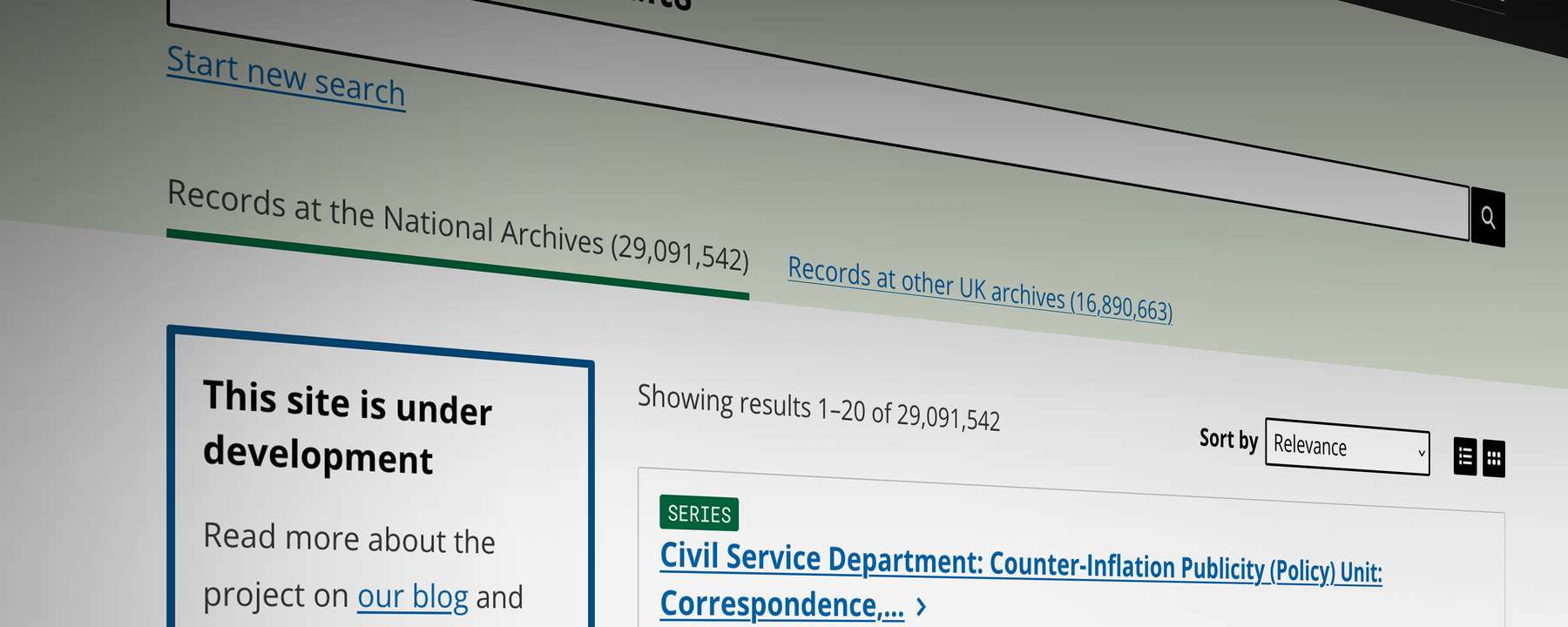 A screenshot of The National Archives' new way to search the online catalogue. There are two search results shown the top relates to the Civil Service.