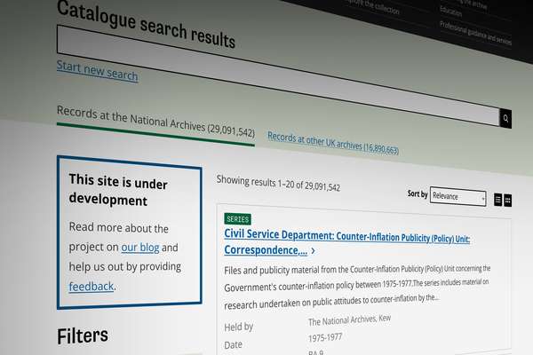 A screenshot of The National Archives' new way to search the online catalogue. There are two search results shown the top relates to the Civil Service.