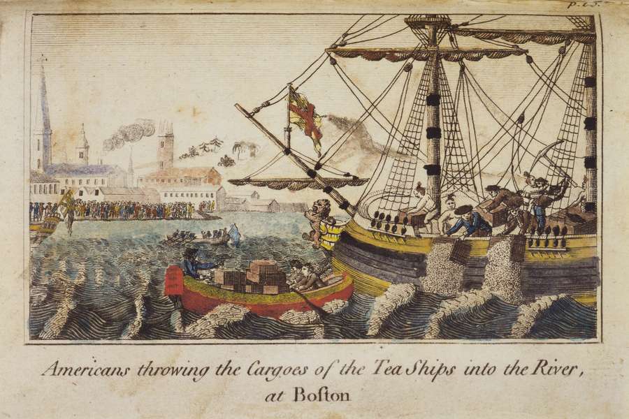 A colourful illustration filling a page from a book, showing men holding boxes open over the side of a ship, and streams of white falling into the sea from them.