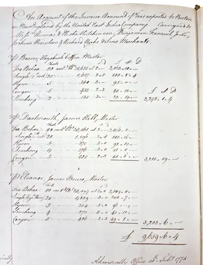 Tables listing the quantities and values of different types of tea from three different ships.