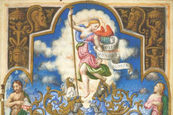 A very colourful, decorated document cover showing patterns, figures and an ornate border. On the left side of the border is a figure of Christ as the Good Shepherd, and on the right side a figure holding a chalice.