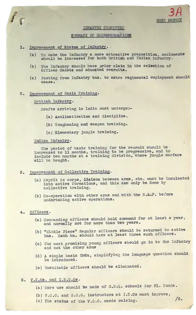 A typed document in a list format outlining recommendations for the British Indian Army.