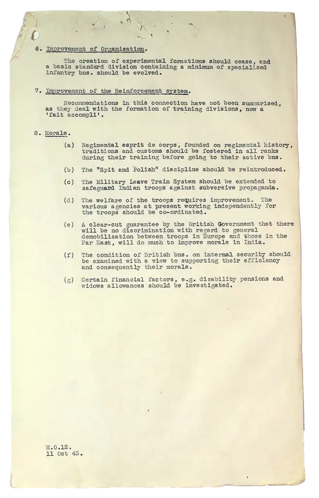 Page two of a typed document in a list format outlining recommendations for the British Indian Army.