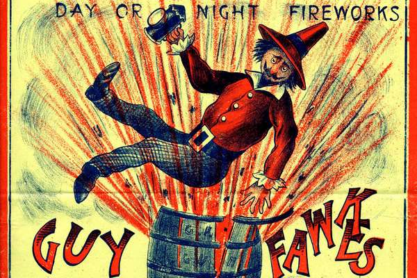 Advertising poster for fireworks showing a cartoon of Guy Fawkes being thrown into the air by an exploding barrel.