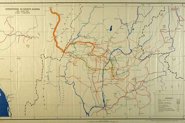 Annotated map with various coloured lines marking territory held.