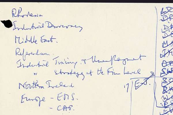List of issues handwritten in blue pen, alongside a list of crossed-through initials.