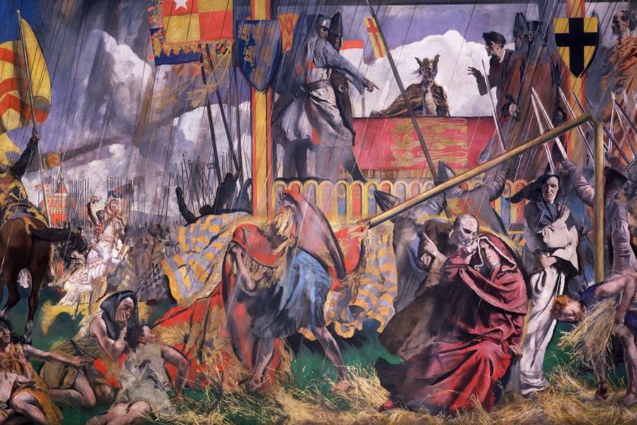 A vibrant oil painting showing a medieval battle. On the right hand side, the king is depicted signing a document with advisors and men in armour next to him. Surrounding this scene we see soldiers on horseback, men with raised swords and others tending t