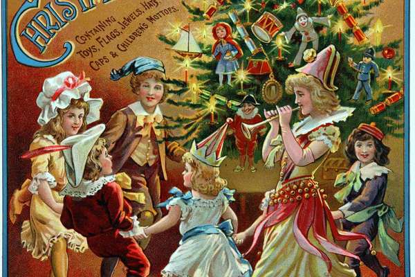 Six children of differing ages dance around a Christmas tree.