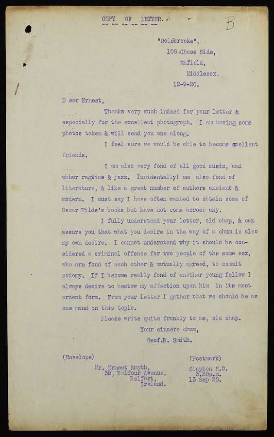 Typed letter in blue ink