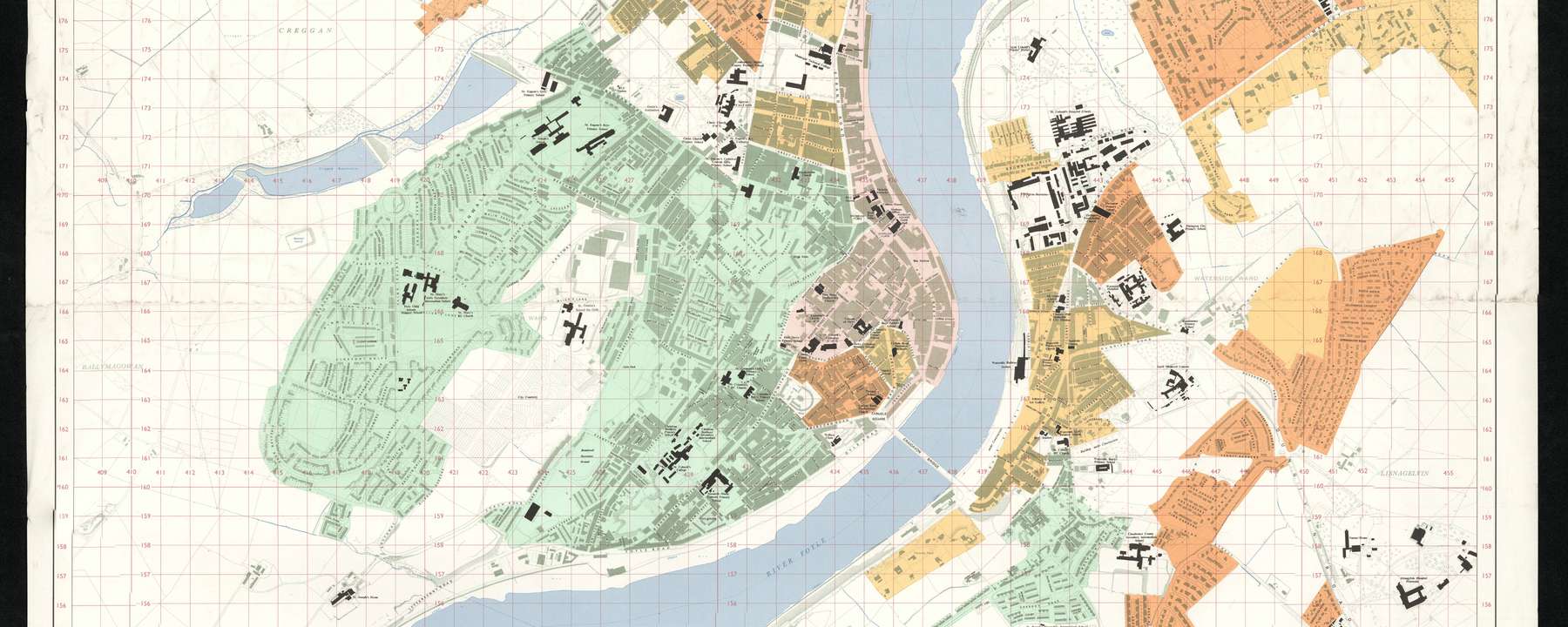A colourfully-sectioned map of Londonderry.