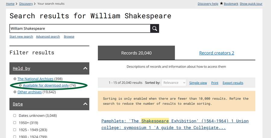 screenshot of a search results page on Discovery with a circle around the 'Available for download only' filter