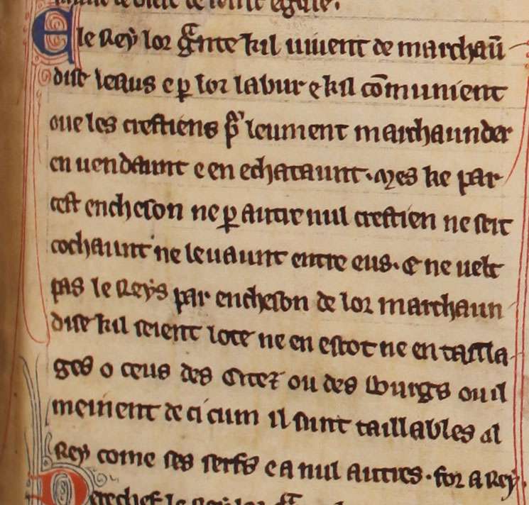 Medieval manuscript page, from the Statute of Jewry